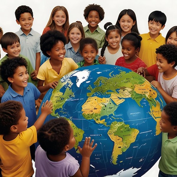 Children from many backgrounds gathered around a globe