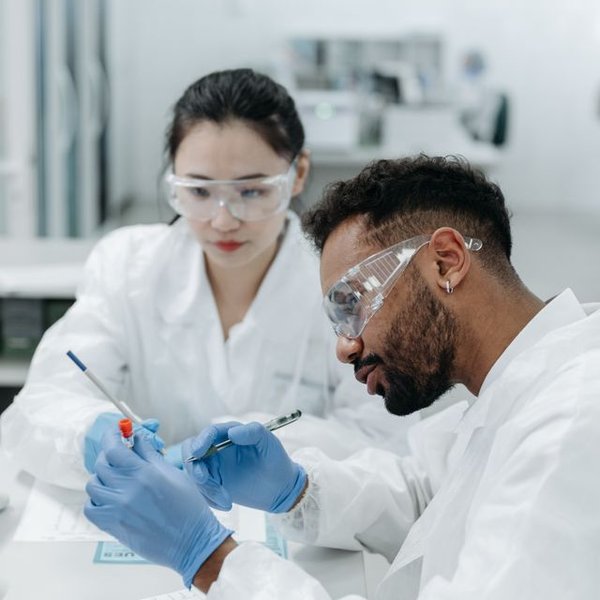 Two researchers in a lab examining a sample