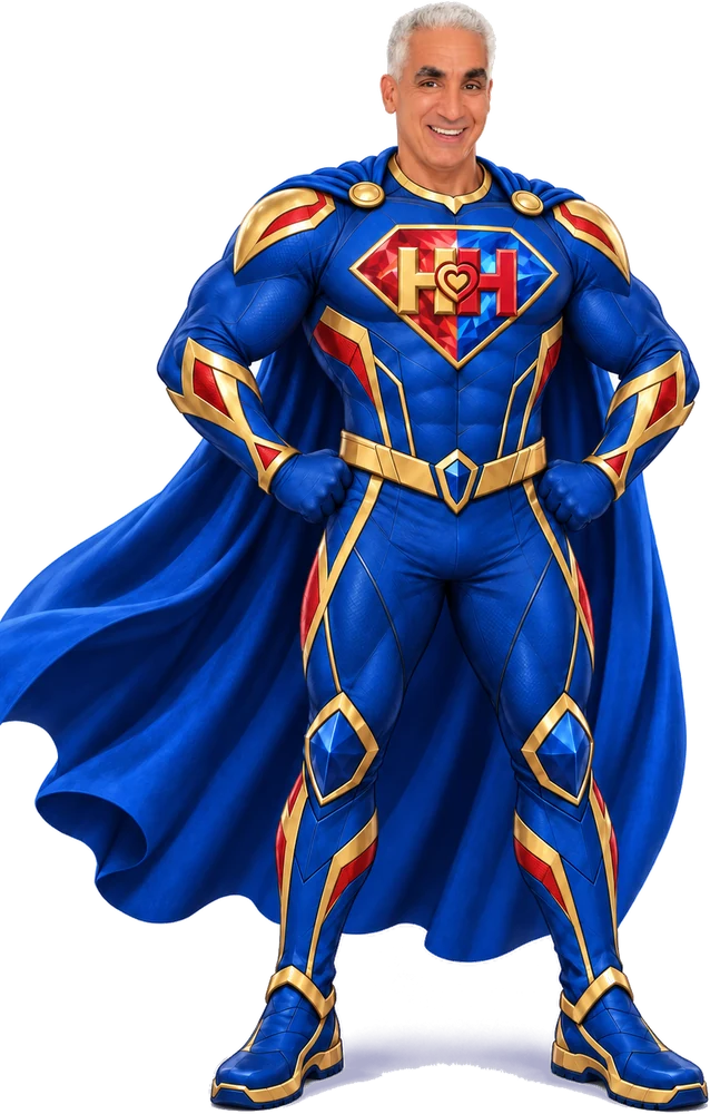 Mark Peeples drawn as a superhero in the blue and gold Heros & Sheros suit with a blue cape
