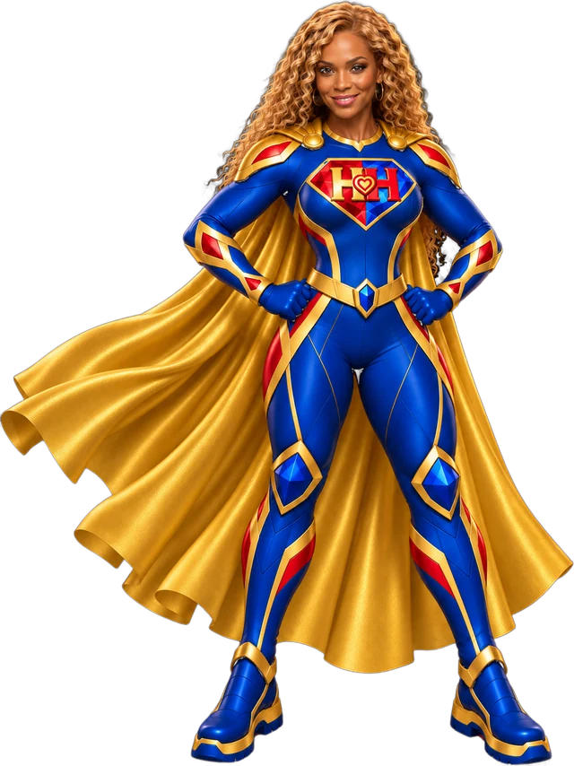 Paula Skipper Peeples drawn as a Shero in the blue Heros & Sheros suit with a gold cape